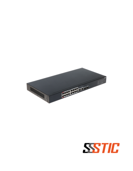 Switch PoE Dahua DH-CS4218-16ET-190 de 16 puertos 10/100 Mbps y 2 puertos Gigabit Uplink, 190W de potencia total.