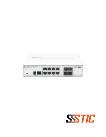 Switch gestionable MikroTik CRS112-8G-4S-IN con 8 puertos Gigabit y 4 puertos de fibra SFP.