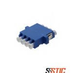 Adaptador de fibra óptica CommScope LC quad monomodo color azul con brida cuadrada.