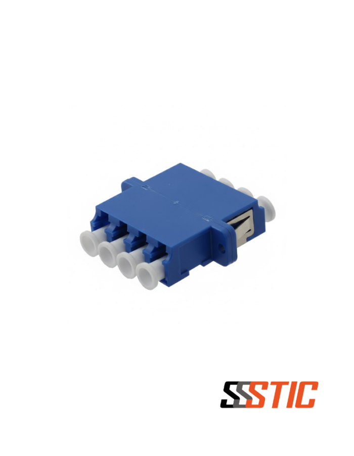 Adaptador de fibra óptica CommScope LC quad monomodo color azul con brida cuadrada.