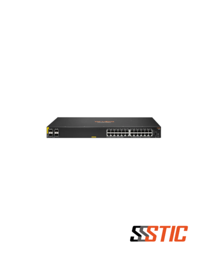 Switch Aruba CX 6000 24G con 24 puertos PoE+ de 370W y 4 puertos SFP para fibra óptica.