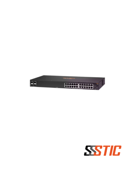 Switch Aruba CX 6100 24G con 24 puertos Gigabit y 4 puertos de fibra SFP+ 10Gbps.