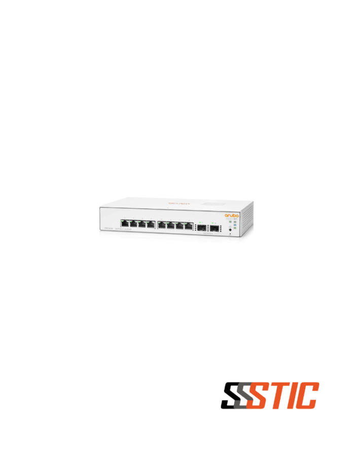Switch administrable Aruba Instant On 1930 8G con 8 puertos Gigabit y 2 puertos SFP para fibra.