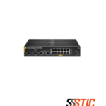 Switch compacto Aruba CX 6000 12G con 12 puertos PoE+ y uplinks duales de cobre y fibra.