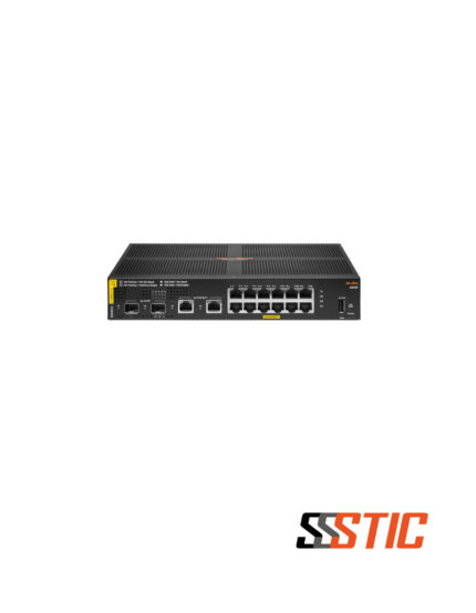 Switch compacto Aruba CX 6000 12G con 12 puertos PoE+ y uplinks duales de cobre y fibra.