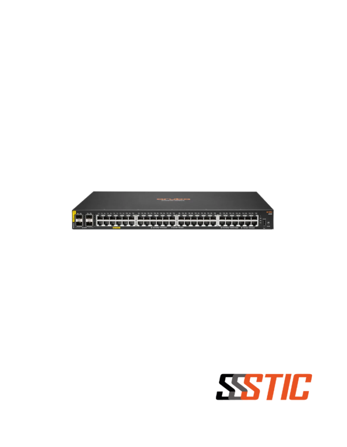 Switch de acceso Aruba CX 6000 48G con 48 puertos Gigabit PoE+ y 4 enlaces SFP de 1Gbps.