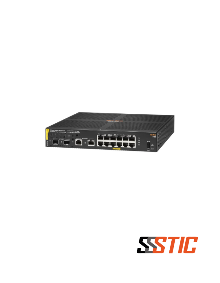 Switch gestionable Aruba CX 6100 12G con 12 puertos PoE+ y 2 ranuras SFP+ de 10Gbps.
