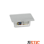 Caja Pop-Up Legrand 054011 de aluminio mate abierta, mostrando capacidad para 4 módulos en piso.