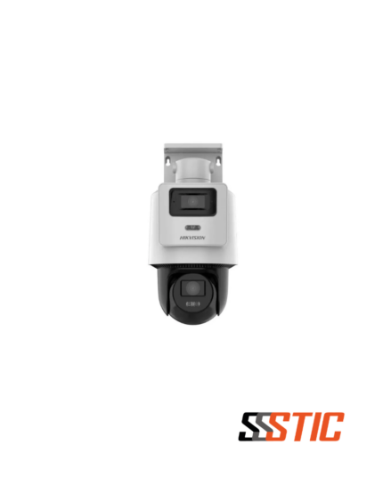Cámara de red TandemVu PT Hikvision DS-2SE2C400MWG-E14 con doble lente de 4 MP, seguimiento inteligente y luz híbrida.