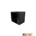 Gabinete de pared de 9 unidades de rack desarmado en caja tipo flat-pack con puerta de vidrio.