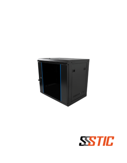 Gabinete de pared de 9 unidades de rack desarmado en caja tipo flat-pack con puerta de vidrio.