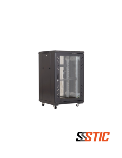 Gabinete de piso Finen F1-A36822 de 22 unidades de rack con puertas de malla frontal y posterior para flujo de aire.