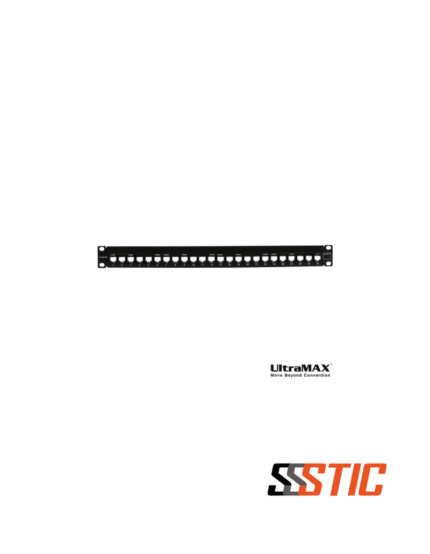 Patch panel modular vacío Siemon UltraMAX de 24 puertos, 1U de altura, color negro, para racks de 19 pulgadas.