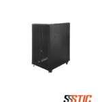 Gabinete de piso para servidores de 22U Linkbasic con puertas microperforadas de doble hoja y sistema de ventilación.
