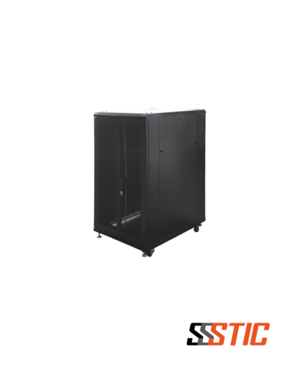 Gabinete de piso para servidores de 22U Linkbasic con puertas microperforadas de doble hoja y sistema de ventilación.