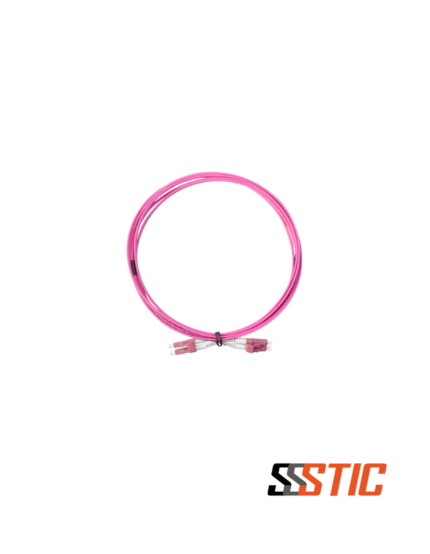 Patch cord de fibra óptica duplex multimodo OM4 Nexconec con conectores LC en ambos extremos, longitud de 3 metros, color violeta.