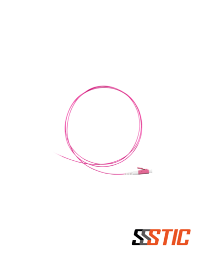 Pigtail de fibra óptica Nexconec con conector LC, fibra multimodo OM4 color violeta de 1 metro.