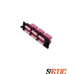 Placa de adaptadores LGX Nexconec MP3PL03-EV con 6 acopladores LC Quad OM4 Multimodo color violeta para 24 hilos de fibra.