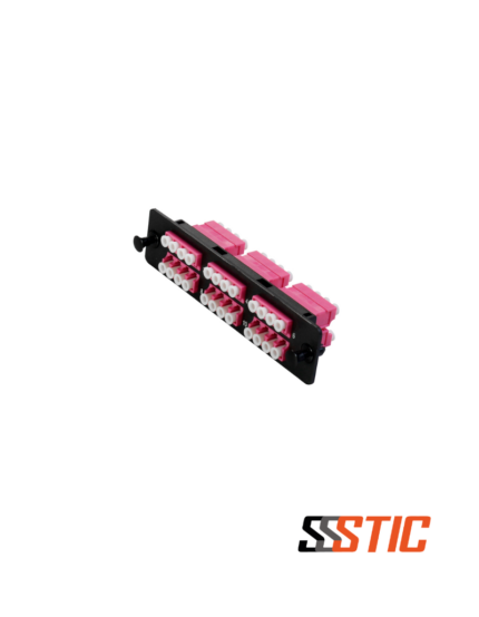 Placa de adaptadores LGX Nexconec MP3PL03-EV con 6 acopladores LC Quad OM4 Multimodo color violeta para 24 hilos de fibra.
