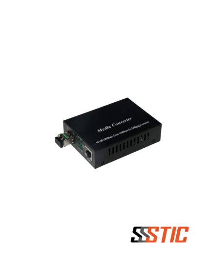Conversor de medios Gigabit Transcom con un puerto RJ45 y un slot SFP para transceptores de fibra óptica monomodo o multimodo.