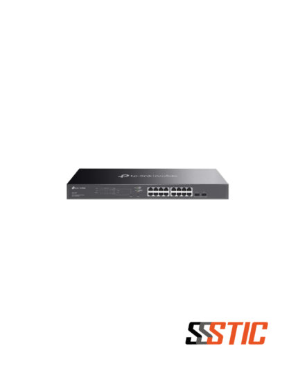 Switch administrable de 16 puertos PoE+ TP-Link JetStream SG2218P con 2 ranuras SFP Gigabit para montaje en rack.