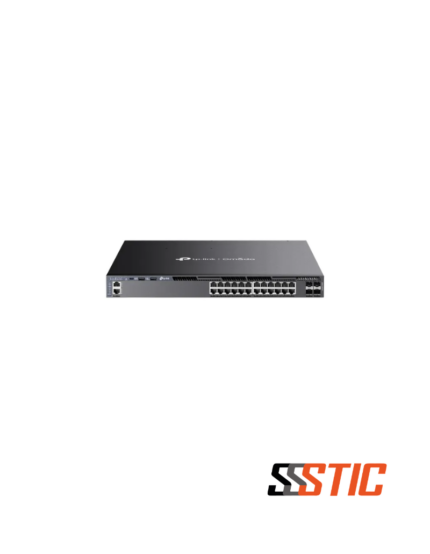 Switch gestionable de Capa 3 TP-Link Omada SG6428XHP con 24 puertos PoE+ y 4 puertos SFP+ 10G para montaje en rack.