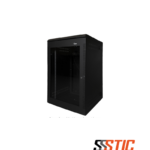 Gabinete de pared abatible para telecomunicaciones marca Quest modelo GW-2070 de 18 RU en color negro con puerta frontal de vidrio de seguridad templado