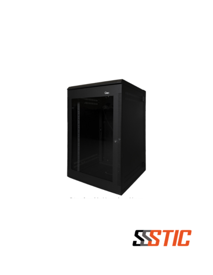 Gabinete de pared abatible para telecomunicaciones marca Quest modelo GW-2070 de 18 RU en color negro con puerta frontal de vidrio de seguridad templado