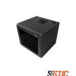 Gabinete de pared para telecomunicaciones marca Quest modelo GT-2183 de 9 RU con paneles laterales desmontables y puerta de vidrio de seguridad