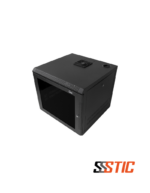 Gabinete de pared para telecomunicaciones marca Quest modelo GT-2183 de 9 RU con paneles laterales desmontables y puerta de vidrio de seguridad