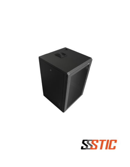 Gabinete de pared para telecomunicaciones marca Quest modelo GT-2192 de 16 RU con puerta frontal de vidrio de seguridad templado y paneles laterales desmontables