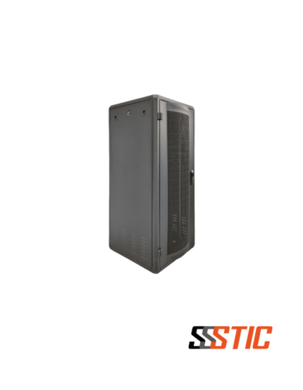 Gabinete de piso para servidores marca Quest modelo GF-2211 de 28 RU en color negro con puerta curva de malla microperforada