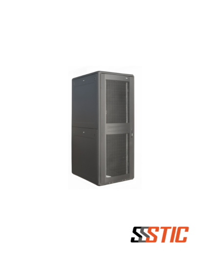 Gabinete de piso para servidores marca Quest modelo GF-2887 de 42 RU color negro con puerta frontal curva microperforada y puerta posterior doble hoja