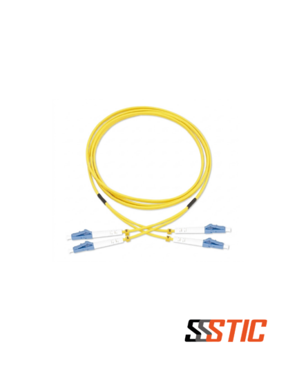 Jumper o patch cord de fibra óptica monomodo dúplex de 10 metros marca Khomax, con conectores LC/UPC a LC/UPC y chaqueta amarilla de 3mm LSZH.