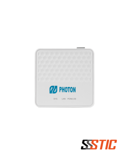 ONU XPON de la marca Photon con diseño compacto, un puerto Gigabit Ethernet para conexiones de internet por fibra óptica FTTH en modo bridge