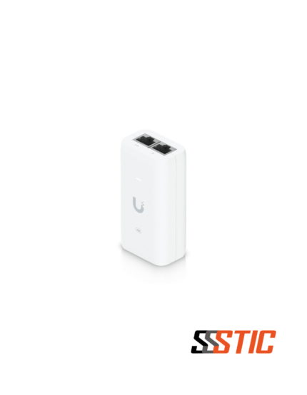 Inyector PoE pasivo Ubiquiti UniFi U-POE-AF de 48V y 15W en color blanco con puertos blindados RJ45 Gigabit Ethernet y luz LED indicadora