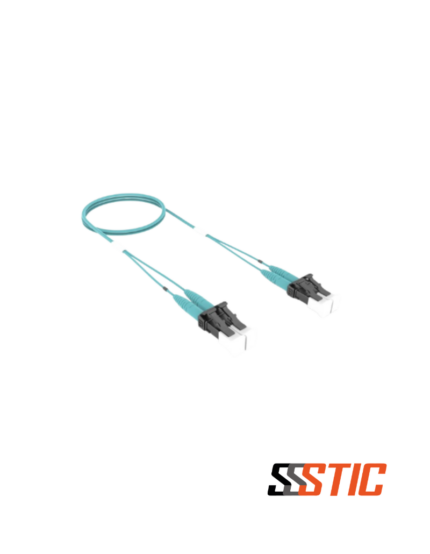 Patch cord de fibra óptica dúplex multimodo OM4 CommScope SYSTIMAX FFXLCLC42 con conectores LC a LC y chaqueta LSZH aqua.
