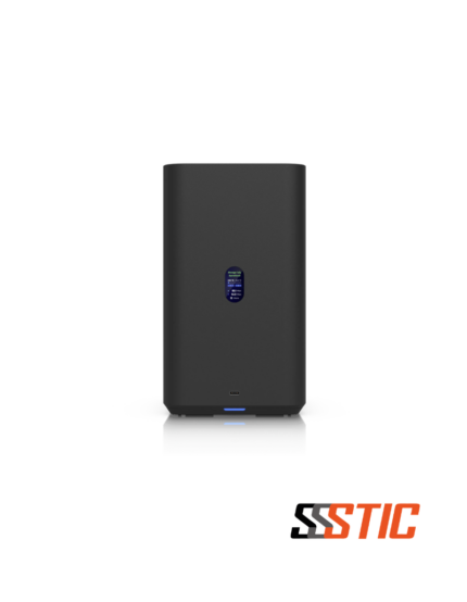 Servidor NAS compacto de escritorio Ubiquiti UniFi UNAS 2 con dos bahías para discos duros de 3.5 pulgadas, puerto 2.5 GbE y pantalla a color integrada