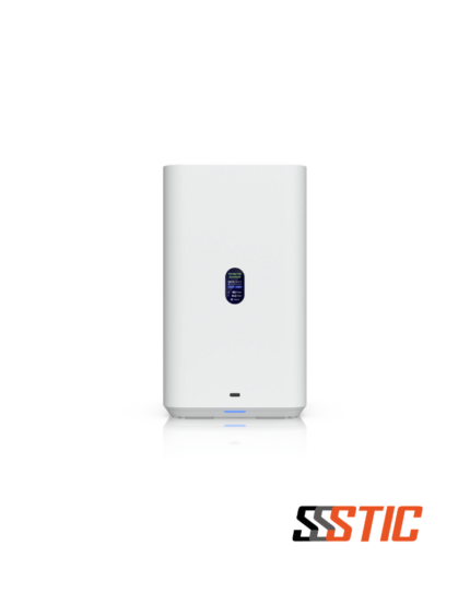 Servidor NAS compacto de escritorio Ubiquiti UniFi UNAS 2 en color blanco con pantalla circular a color integrada, puerto USB-C frontal y LED indicador de estado