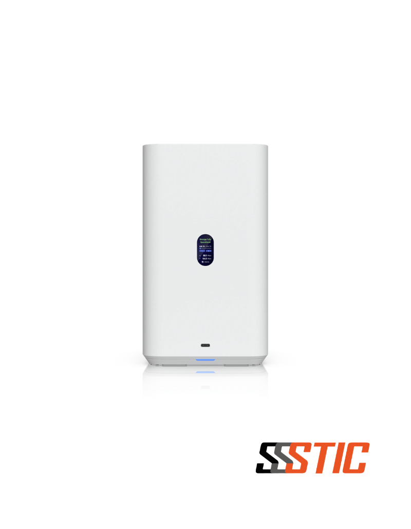 Servidor NAS compacto de escritorio Ubiquiti UniFi UNAS 2 en color blanco con pantalla circular a color integrada, puerto USB-C frontal y LED indicador de estado Servidor NAS compacto de escritorio Ubiquiti UniFi UNAS 2 en color blanco con pantalla circular a color integrada, puerto USB-C frontal y LED indicador de estado