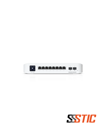 Switch compacto de Capa 3 Ubiquiti UniFi USW-Pro-8-PoE con 8 puertos RJ45, 2 puertos de fibra 10G SFP+ y pantalla táctil