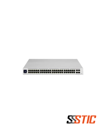 Switch gestionable de Capa 2 Ubiquiti UniFi USW-48 con 48 puertos Gigabit RJ45, 4 puertos de fibra SFP y pantalla táctil.