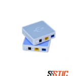 Mini ONU XPON BT-PON BT-511XZ HGU en color blanco con un puerto LAN Gigabit Ethernet amarillo, puerto óptico SCAPC verde o SCUPC azul, botón de encendido físico y conector de alimentación DC