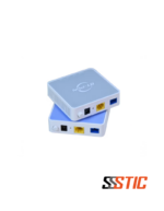 Mini ONU XPON BT-PON BT-511XZ HGU en color blanco con un puerto LAN Gigabit Ethernet amarillo, puerto óptico SCAPC verde o SCUPC azul, botón de encendido físico y conector de alimentación DC