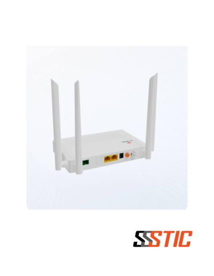 ONT XPON Dual Band V-SOL V2802ACT HGU con dos puertos Gigabit Ethernet, puerto coaxial CATV RF, puerto USB 3.0, cuatro antenas externas de alta ganancia y puerto óptico SC/APC en color blanco.
