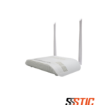 ONT XPON V-SOL V2802GW con 1 puerto Gigabit, 1 puerto Fast Ethernet, dos antenas externas WiFi 4 de 5dBi y botones de encendido en la parte trasera