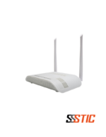 ONT XPON V-SOL V2802GW con 1 puerto Gigabit, 1 puerto Fast Ethernet, dos antenas externas WiFi 4 de 5dBi y botones de encendido en la parte trasera