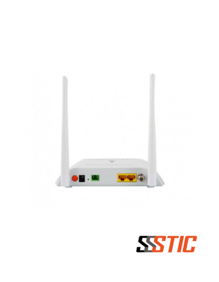 ONT XPON V-SOL V2802GWT con 1 puerto Gigabit Ethernet, 1 puerto Fast Ethernet, dos antenas externas WiFi 4 de 5dBi, entrada de fibra SCAPC y puerto CATV coaxial en color blanco