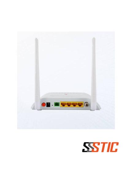 ONT XPON V-SOL V2804RGWT HGU con un puerto Gigabit Ethernet, tres puertos Fast Ethernet, dos antenas de alta ganancia de 5dBi, entrada de fibra SCAPC y puerto CATV RF coaxial en color blanco