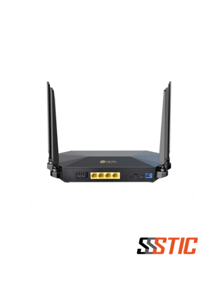 ONU XPON BT-PON BT-G713AX HGU en color negro con cuatro puertos LAN Gigabit Ethernet, puerto óptico SCUPC azul, puerto USB, botones de control físico y cuatro antenas externas de alta ganancia de